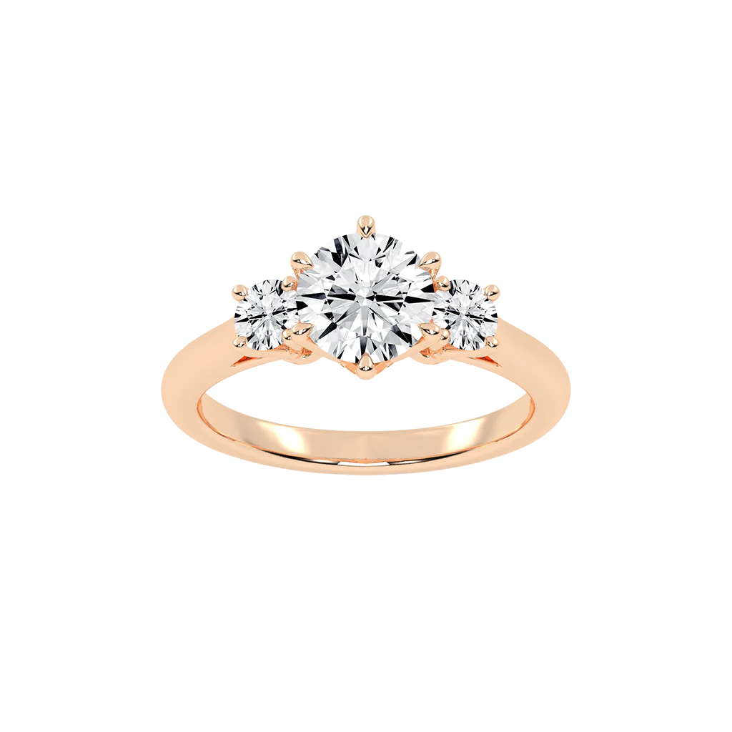 1 Carat Six Prong Round Cut Three Stone Lab Grown Diamond Engagement Ring with Round side stones