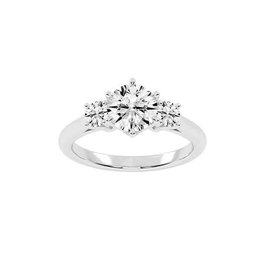 1 Carat Six Prong Round Cut Three Stone Lab Grown Diamond Engagement Ring with Round side stones