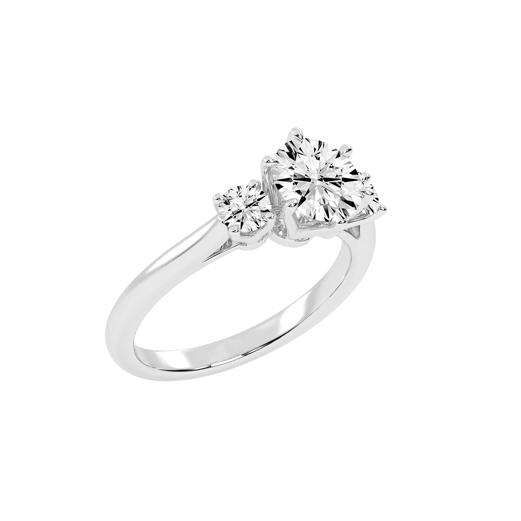 1 Carat Six Prong Round Cut Three Stone Lab Grown Diamond Engagement Ring with Round side stones